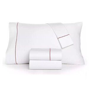 new Charter Club 550 TC Cotton QUEEN Sheet Set WHITE w/ Red Embroidered Cuffs